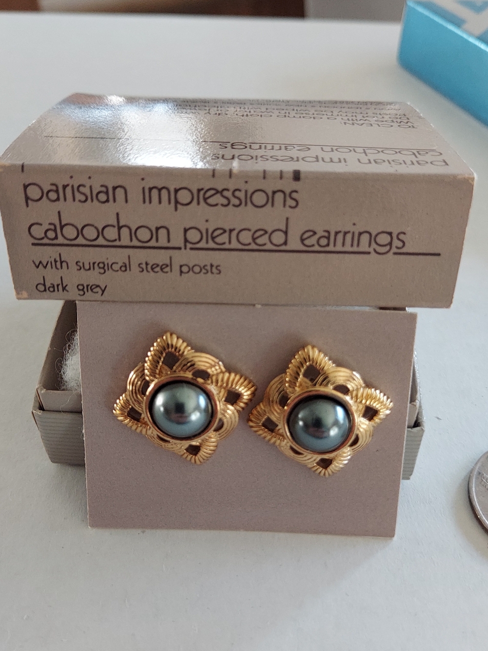 Vintage Avon Persian Impressions Stud Earrings with Dark Grey Cabochons